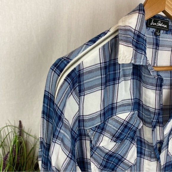 Sam Edelman Blue & White Plaid Gingham Long Sleeve Button Up Zip Shoulder Top S - Picture 4 of 7